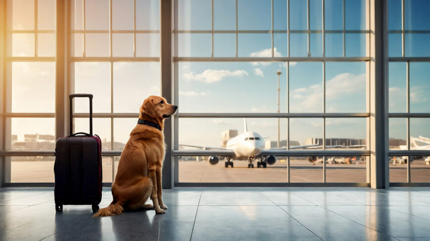 Dog sitting at an airport with a suit case.