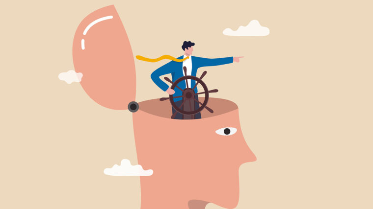 Piirretty kuva ihmisen päästä, jonka sisällä hahmo ohjaa laivan ruoria, kuvaten mielen ohjaamista.