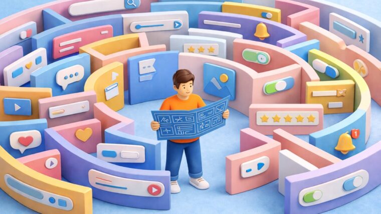 Tekoälyllä tuotettu kuva, jossa piirroshahmo seisoo labyrintin keskellä. Ympärillä on verkkosivuelementtejä, kommenttibokseja jne.