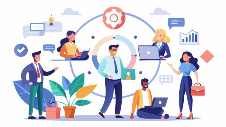 Illustratiivinen kuva ryhmästä ihmisiä, jotka tekevät yhteistyötä erilaisten digitaalisten laitteiden ja keskustelukuplien ympäröiminä. Taustalla näkyy symboleja, jotka kuvaavat ideointia, prosesseja ja tiedonjakamista.