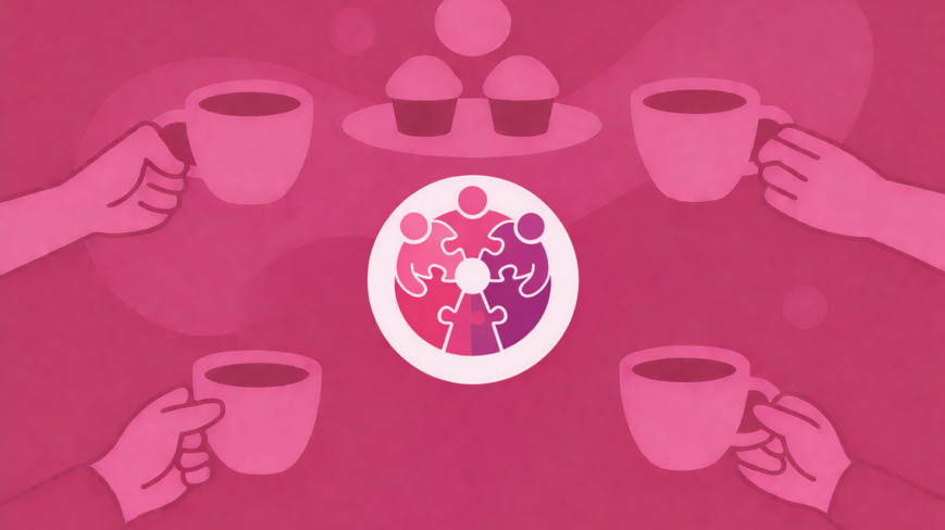 Neljä piirrettyä kättä pitelemässä kahvikuppeja.