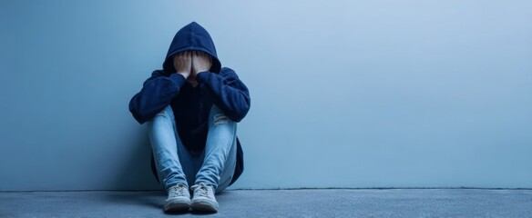 Sinisessä tilassa lattialla istuva henkilö, jolla on huppu päässä ja kasvot käsien suojana.