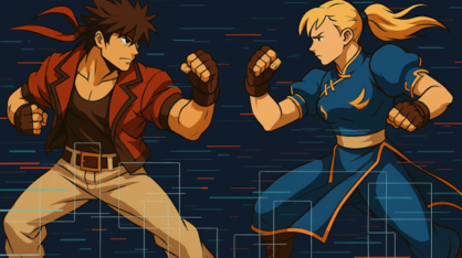Illustration of two fighting game characters facing off, with digital frame lines and technical overlays representing rollback netcode.