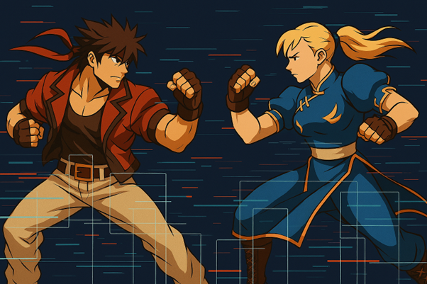 Illustration of two fighting game characters facing off, with digital frame lines and technical overlays representing rollback netcode.
