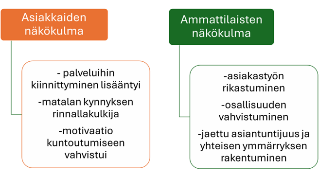 Kaksi vierekkäistä laatikkoa: Asiakkaiden näkökulma ja Ammattilaisten näkökulma, joissa kuvataan palveluihin kiinnittymisen, motivaation ja asiakastyön rikastumisen sekä osallisuuden ja jaetun asiantuntijuuden vahvistumista.