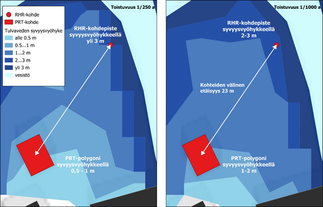 Kuvassa on esitetty yhtä rakennusta koskevat kaksi tulvaskenaariota, sekä rakennusta vastaava PRT-polygoni ja RHR-piste. PRT-polygoni ja RHR-piste sijaitsevat noin 23 metrin päässä toisistaan ja aineistoilla saadaan päällekkäisanalyysillä määritettyä erilaiset tulvavaaran asteet. PRT-polygoni sijaitsee oikeassa sijainnissa todellisen rakennuksen kohdalla. Kuvalla korostetaan aineistojen välisiä erovaisuuksia sekä geometriamuodon ja sijaintitarkkuuden merkitystä.  