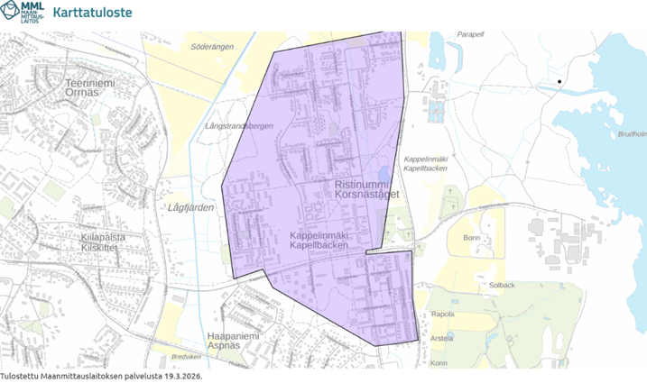 Karttatuloste Maanmittauslaitoksen karttapalvelusta, jossa opinnäytetyössä tarkasteltava alue on rajattuna violetin sävyisellä polygonilla.Karttatuloste Maanmittauslaitoksen karttapalvelusta, jossa opinnäytetyössä tarkasteltava alue on rajattuna violetin sävyisellä polygonilla.