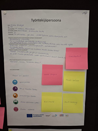 Seinälle kiinnitetty työntekijäpersoonaa kuvaava A4‑kokoinen paperi. Paperissa on otsikko 'Työntekijäpersoona' ja käsin kirjoitettuja tietoja kuten nimi, tausta, työtehtävät ja tarpeet. Paperin oikealle puolelle on kiinnitetty useita värillisiä post-it‑lappuja, joissa on lyhyitä sanoja, kuten 'simulaattori', 'verkkaiset', 'TULES-vaivat', 'kiireetön' ja 'multitasking'.