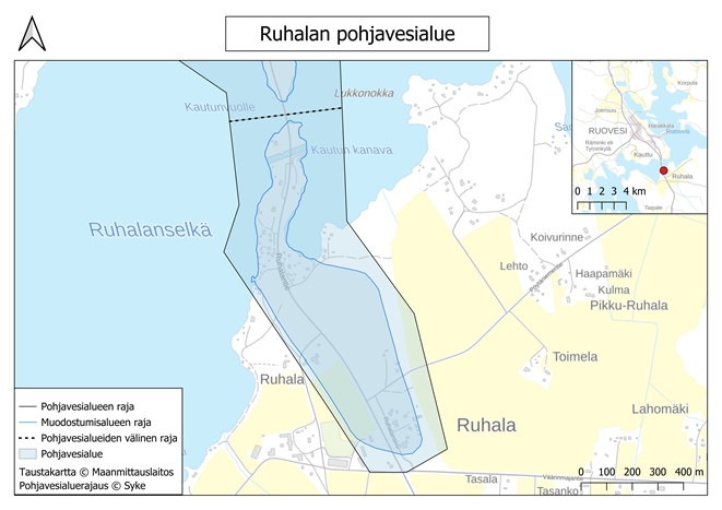 Ruhalan pohjavesialueesta kartta, joka on tehty paikkatietosovelluksella. Pohjavesialue sijoittuu Ruovedelle Ruhala nimiseen kylään. Kartalla on esitetty pohjavesialueen ja sen muodostumisalueen raja sekä pohjavesialue. Taustakarttana on Maanmittauslaitoksen taustakartta ja Suomenympäristökeskuksesta saadut pohjavesialueenrajaukset.