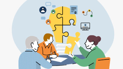 Piirretyt ihmishahmot kokoavat palapelinä esitettyä hehkulamppua yhdessä