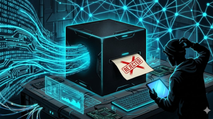 A confused person looking at a mysterious black box processing glowing digital data and outputting a 'REJECTED' slip, illustrating the AI black box problem.