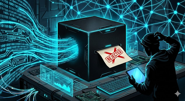 A confused person looking at a mysterious black box processing glowing digital data and outputting a 'REJECTED' slip, illustrating the AI black box problem.