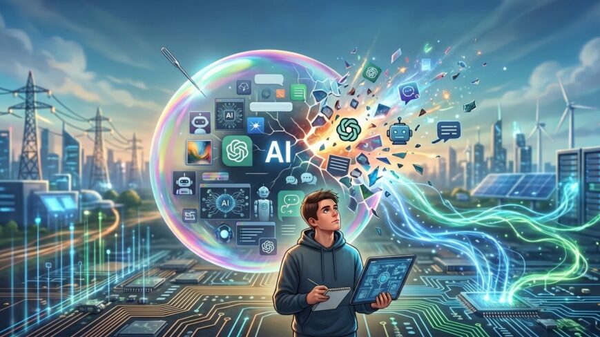 Henkilö pitää tablettia futuristisessa kaupunkimaisemassa, jossa tekoälyä kuvaava kupla hajoaa ja datavirrat yhdistävät palvelimet ja energiainfrastruktuurin.