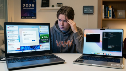 A stressed IT student in 2026 rubbing their temple while sitting between a messy Windows laptop covered in intrusive AI pop-ups and ads, and a sleek, minimal coding laptop.