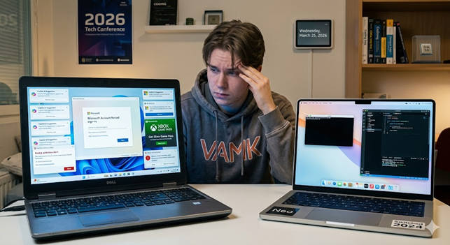 A stressed IT student in 2026 rubbing their temple while sitting between a messy Windows laptop covered in intrusive AI pop-ups and ads, and a sleek, minimal coding laptop.