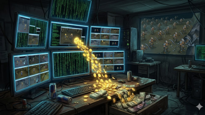 A dimly lit computer workstation where game bots are running on multiple screens. Virtual gold coins stream from the displays and transform into real banknotes on the desk.