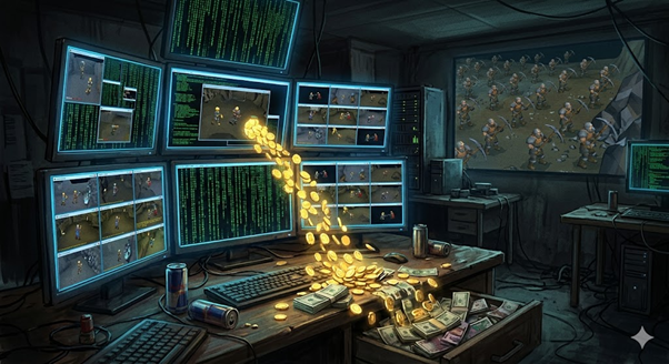 A dimly lit computer workstation where game bots are running on multiple screens. Virtual gold coins stream from the displays and transform into real banknotes on the desk.