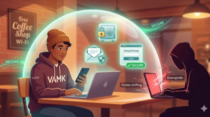 A student works in a cozy cafe inside a glowing secure bubble, while a shadowy hacker attempts an attack outside with packet sniffing tools.