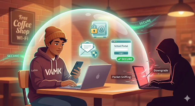 A student works in a cozy cafe inside a glowing secure bubble, while a shadowy hacker attempts an attack outside with packet sniffing tools.