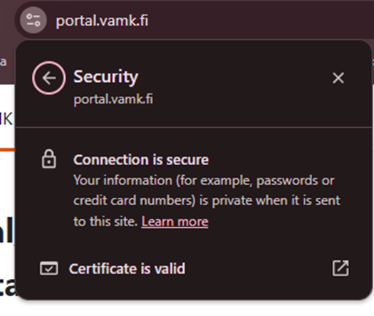 Browser security panel for portal.vamk.fi showing a secure HTTPS connection with a valid certificate and private data transmission.