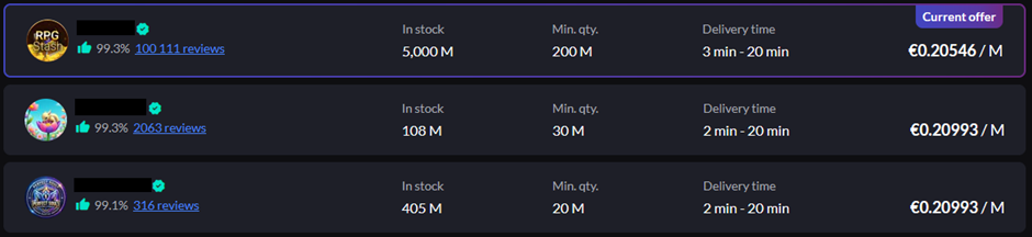 List of online sellers showing ratings, stock amounts, minimum quantities, delivery times, and prices per million units.