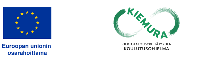 Kuvassa on Euroopan unionin lippu ja teksti ”Euroopan unionin osarahoittama” sekä Kiemura – kiertotalouden koulutusohjelma -hankkeen logo, jossa on vihreä äärettömyyssymbolia muistuttava kuvio.
