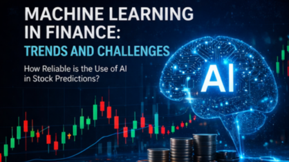 Graphic showing “Machine Learning in Finance: Trends and Challenges” with a glowing AI brain, stock charts, and stacks of coins.