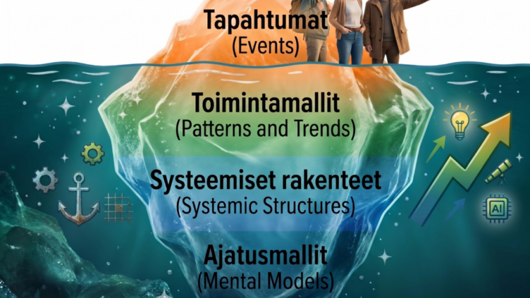 Systeeminen jäävuorimalliYleiskuva: Värikäs ja moderni digitaalinen kuvitus, joka hyödyntää jäävuorimetaforaa havainnollistamaan organisaation eri tasoja. Kuvassa suuri jäävuori kelluu tummansinisessä, kimaltelevassa vedessä. Jäävuori on jaettu vaakasuuntaisiin värivyöhykkeisiin, jotka kuvaavat rakenteiden syvyyttä.Jäävuoren huippu (vedenpinnan yläpuolella):Väritys: Jäävuoren huippu on sävyltään lämpimän oranssi, ikään kuin auringonlaskun tai -nousun valaisema.Ihmiset: Jäävuoren päällä seisoo kolme ihmistä (nuori mies, nainen ja vanhempi mies), jotka katsovat kohti oikeaa reunaa. He edustavat eri sukupolvia ja organisaation eri rooleja.Teksti: Kerroksen päällä on teksti ”Tapahtumat (Events)”. Tämä edustaa organisaation näkyvintä ja pintapuolisinta tasoa.Jäävuoren syvyydet (vedenpinnan alapuolella):Jäävuoren vedenalainen osa on jaettu kolmeen selkeään värikerrokseen:Vihreä kerros: Heti pinnan alla oleva vyöhyke, jossa on teksti ”Toimintamallit (Patterns and Trends)”. Kerroksen vasemmassa reunassa on hammasrataskuvioita.Vaaleansininen kerros: Keskivaiheilla oleva vyöhyke, jossa on teksti ”Systeemiset rakenteet (Systemic Structures)”. Vasemmalla puolella on ankkuri- ja ruudukkosymbolit, jotka kuvaavat vakiintuneita rakenteita.Syvänsininen pohjakerros: Jäävuoren alin ja laajin osa, jossa on teksti ”Ajatusmallit (Mental Models)”. Tämä on koko systeemiä ohjaava perusta.Oikean reunan dynaamiset symbolit: Jäävuoren oikealla puolella, veden alla, on suuri ylöspäin osoittava vihreä nuoli, jonka kärjessä on loistava hehkulamppu (innovaatio). Nuolen ympärillä on kaukoputki (visio) ja tekoälyyn viittaava ”AI”-mikrosiruikoni.Tyyli ja tunnelma: Kuvitus on tyyliltään futuristinen ja eloisa. Valon ja värien käyttö luo positiivisen ja eteenpäin katsovan vaikutelman.