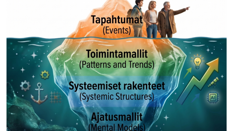 Systeeminen jäävuorimalliYleiskuva: Värikäs ja moderni digitaalinen kuvitus, joka hyödyntää jäävuorimetaforaa havainnollistamaan organisaation eri tasoja. Kuvassa suuri jäävuori kelluu tummansinisessä, kimaltelevassa vedessä. Jäävuori on jaettu vaakasuuntaisiin värivyöhykkeisiin, jotka kuvaavat rakenteiden syvyyttä.Jäävuoren huippu (vedenpinnan yläpuolella):Väritys: Jäävuoren huippu on sävyltään lämpimän oranssi, ikään kuin auringonlaskun tai -nousun valaisema.Ihmiset: Jäävuoren päällä seisoo kolme ihmistä (nuori mies, nainen ja vanhempi mies), jotka katsovat kohti oikeaa reunaa. He edustavat eri sukupolvia ja organisaation eri rooleja.Teksti: Kerroksen päällä on teksti ”Tapahtumat (Events)”. Tämä edustaa organisaation näkyvintä ja pintapuolisinta tasoa.Jäävuoren syvyydet (vedenpinnan alapuolella):Jäävuoren vedenalainen osa on jaettu kolmeen selkeään värikerrokseen:Vihreä kerros: Heti pinnan alla oleva vyöhyke, jossa on teksti ”Toimintamallit (Patterns and Trends)”. Kerroksen vasemmassa reunassa on hammasrataskuvioita.Vaaleansininen kerros: Keskivaiheilla oleva vyöhyke, jossa on teksti ”Systeemiset rakenteet (Systemic Structures)”. Vasemmalla puolella on ankkuri- ja ruudukkosymbolit, jotka kuvaavat vakiintuneita rakenteita.Syvänsininen pohjakerros: Jäävuoren alin ja laajin osa, jossa on teksti ”Ajatusmallit (Mental Models)”. Tämä on koko systeemiä ohjaava perusta.Oikean reunan dynaamiset symbolit: Jäävuoren oikealla puolella, veden alla, on suuri ylöspäin osoittava vihreä nuoli, jonka kärjessä on loistava hehkulamppu (innovaatio). Nuolen ympärillä on kaukoputki (visio) ja tekoälyyn viittaava ”AI”-mikrosiruikoni.Tyyli ja tunnelma: Kuvitus on tyyliltään futuristinen ja eloisa. Valon ja värien käyttö luo positiivisen ja eteenpäin katsovan vaikutelman.