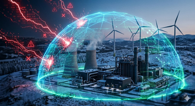 A glowing digital shield protects a wintery power plant and wind turbines from red, lightning-like cyberattacks.