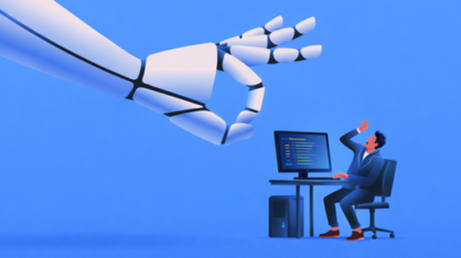 Robotic hand reaching toward a person at a computer desk, who raises an arm in surprise, blue background.