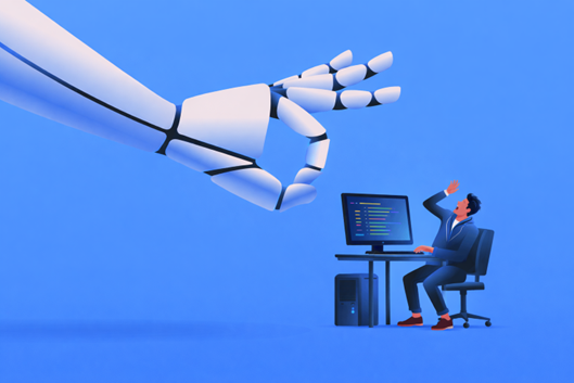 Robotic hand reaching toward a person at a computer desk, who raises an arm in surprise, blue background.