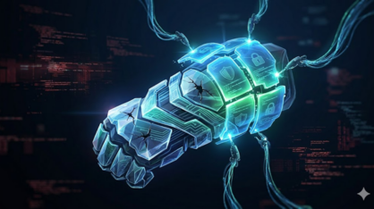 Futuristic glowing gauntlet with a padlock icon being repaired by robotic arms.