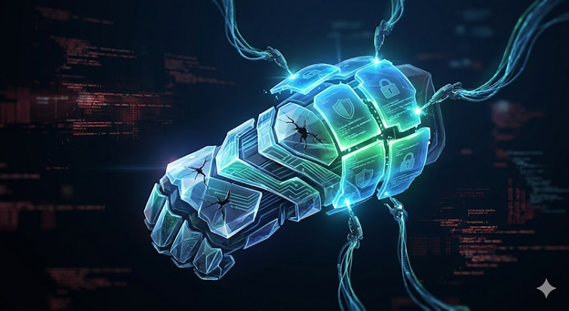 Futuristic glowing gauntlet with a padlock icon being repaired by robotic arms.