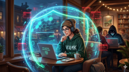 Opiskelija istuu kahvilassa tietokoneella. VPN muodostaa suojaavan kuplan hänen ympärilleen.
