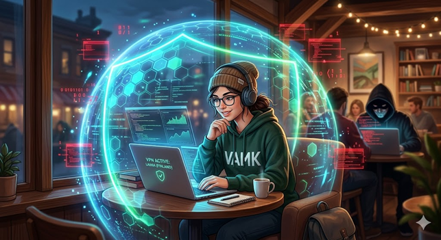 Opiskelija istuu kahvilassa tietokoneella. VPN muodostaa suojaavan kuplan hänen ympärilleen.