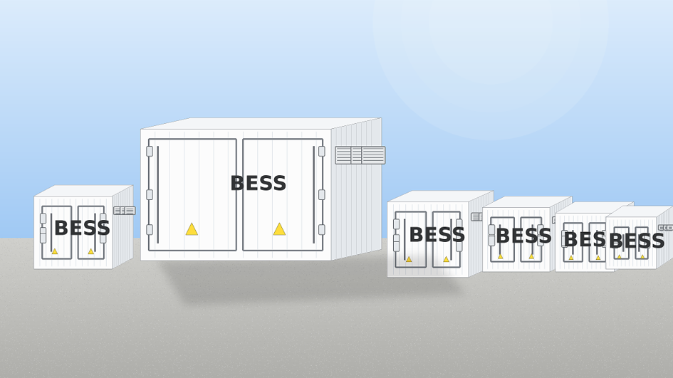 Rows of large white containerized battery energy storage systems (BESS) installed outdoors on a gravel surface under a clear blue sky.