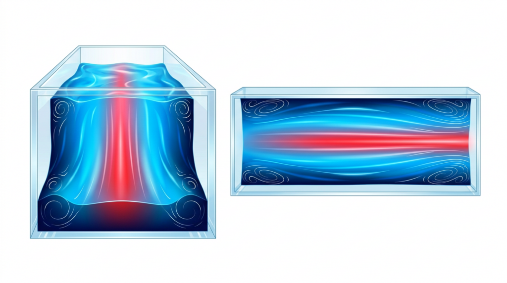 Two digital illustrations comparing water flow through different shaped ducts under high-velocity turbulent conditions.