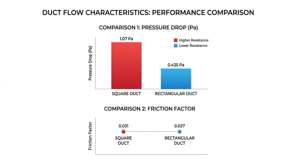 Two separate data visualizations comparing the fluid dynamics of a square duct versus a rectangular duct. Below the charts, an explanatory caption provides specific dimensions, flow conditions, and values.