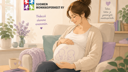 Piirroskuva raskaana olevasta naisesta, joka hymyilee pidellen kättä mahansa päällä.