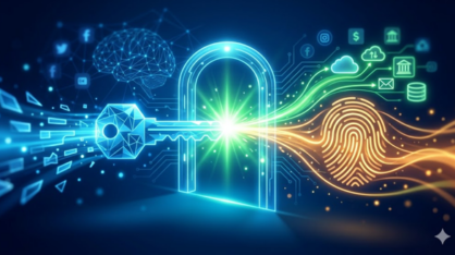 Digital illustration: a key unlocks a padlock, releasing streams of data and a biometric fingerprint—symbolizing cybersecurity and authentication.