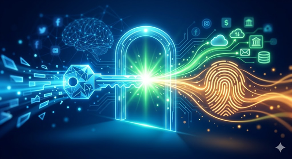 Digital illustration: a key unlocks a padlock, releasing streams of data and a biometric fingerprint—symbolizing cybersecurity and authentication.