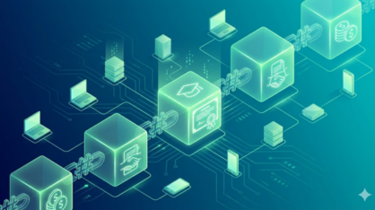 Alt-text: Isometric illustration of a glowing green blockchain, with data blocks displaying icons for degree certificates, smart contracts, and finance, all connected in a decentralized network.