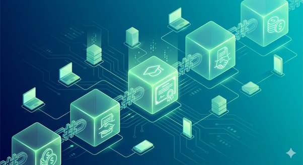Alt-text: Isometric illustration of a glowing green blockchain, with data blocks displaying icons for degree certificates, smart contracts, and finance, all connected in a decentralized network.