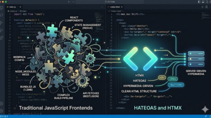Vertailukuva, jossa perinteisen JavaScript-frontendin monimutkaisuus esitetään sekavana palapelinä ja HTMX/HATEOAS-arkkitehtuuri puhtaana, yksinkertaisena koodirakenteena.