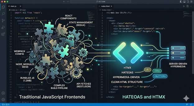 Vertailukuva, jossa perinteisen JavaScript-frontendin monimutkaisuus esitetään sekavana palapelinä ja HTMX/HATEOAS-arkkitehtuuri puhtaana, yksinkertaisena koodirakenteena.