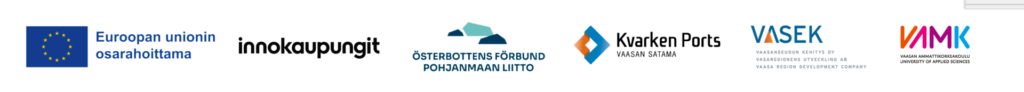 Rivissä eri logoja: Euroopan unionin osarahoittama, Innokaupungit, Österbottens förbund, Pohjanmaan liitto, Kvarken Ports, VASEK ja VAMK.