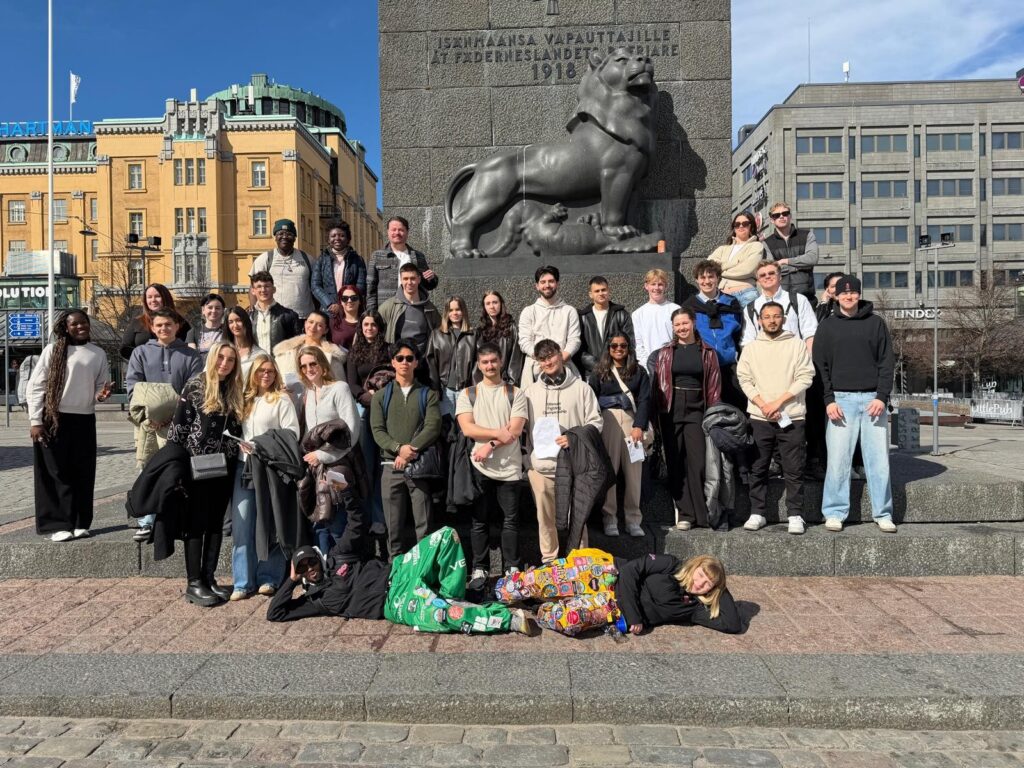 BIP students pose at Vaasa market square.